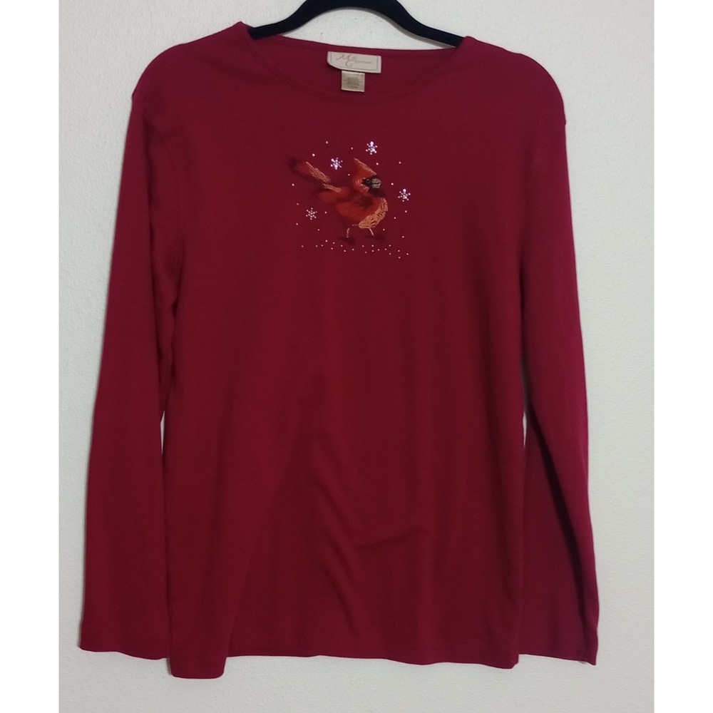 M&C Sportswear Red Cardinal Snowflake Embroidered Long Sleeve Top XL Holiday